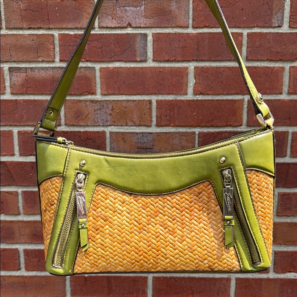 Etienne Aigner Green and Tan Shoulder Bag with Woven Texture